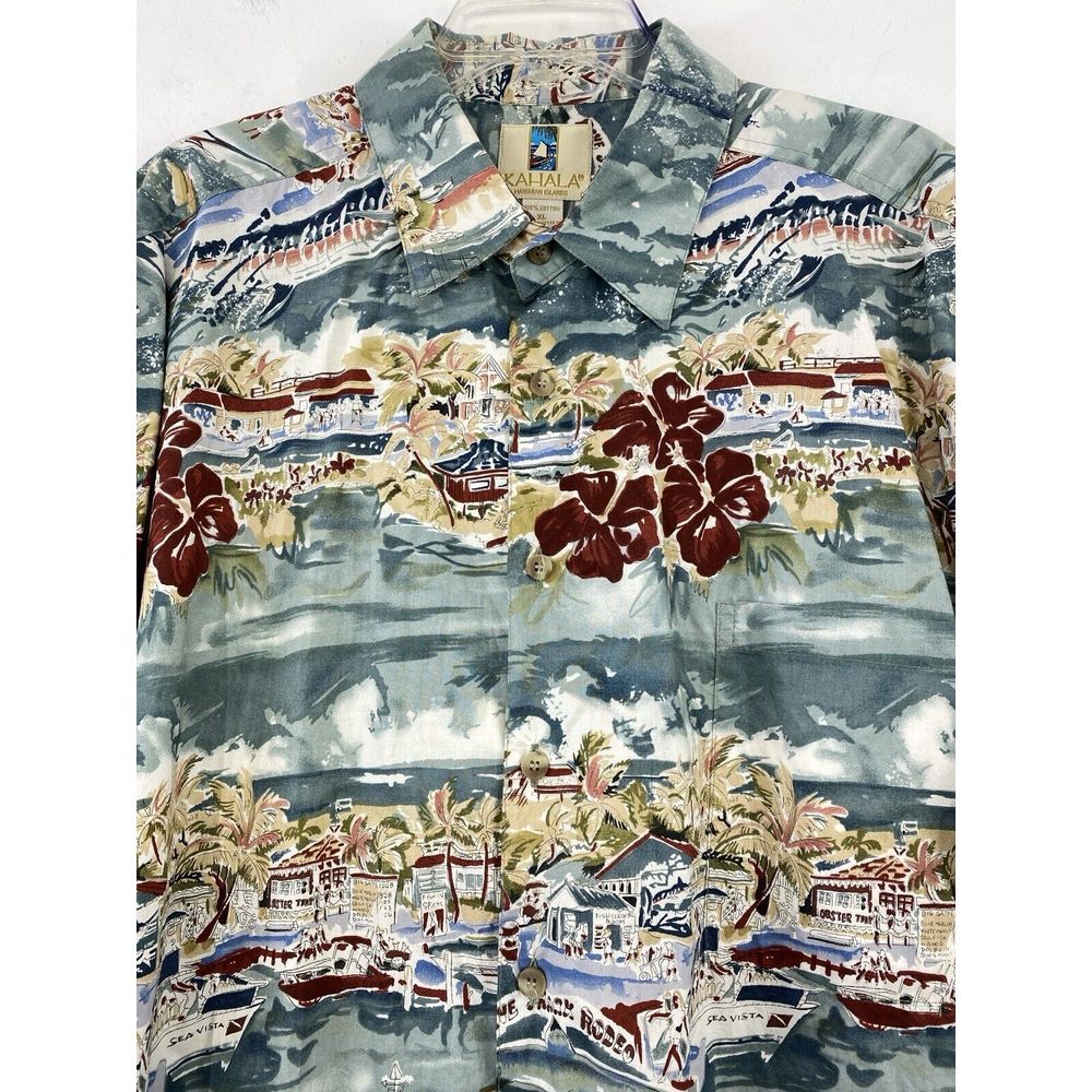 Kahala Hawaiian Island Shirt Men's‎ XL Marina Shark Rodeo Fishing Boats Marlin
